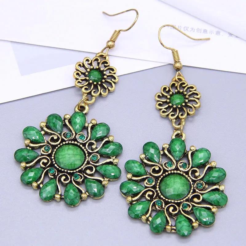Vintage Ethnic Sun Flower Dangle Earrings For Women Boho Colorful Rhinestone Acrylic Hollow Round Earring Female Jewelry