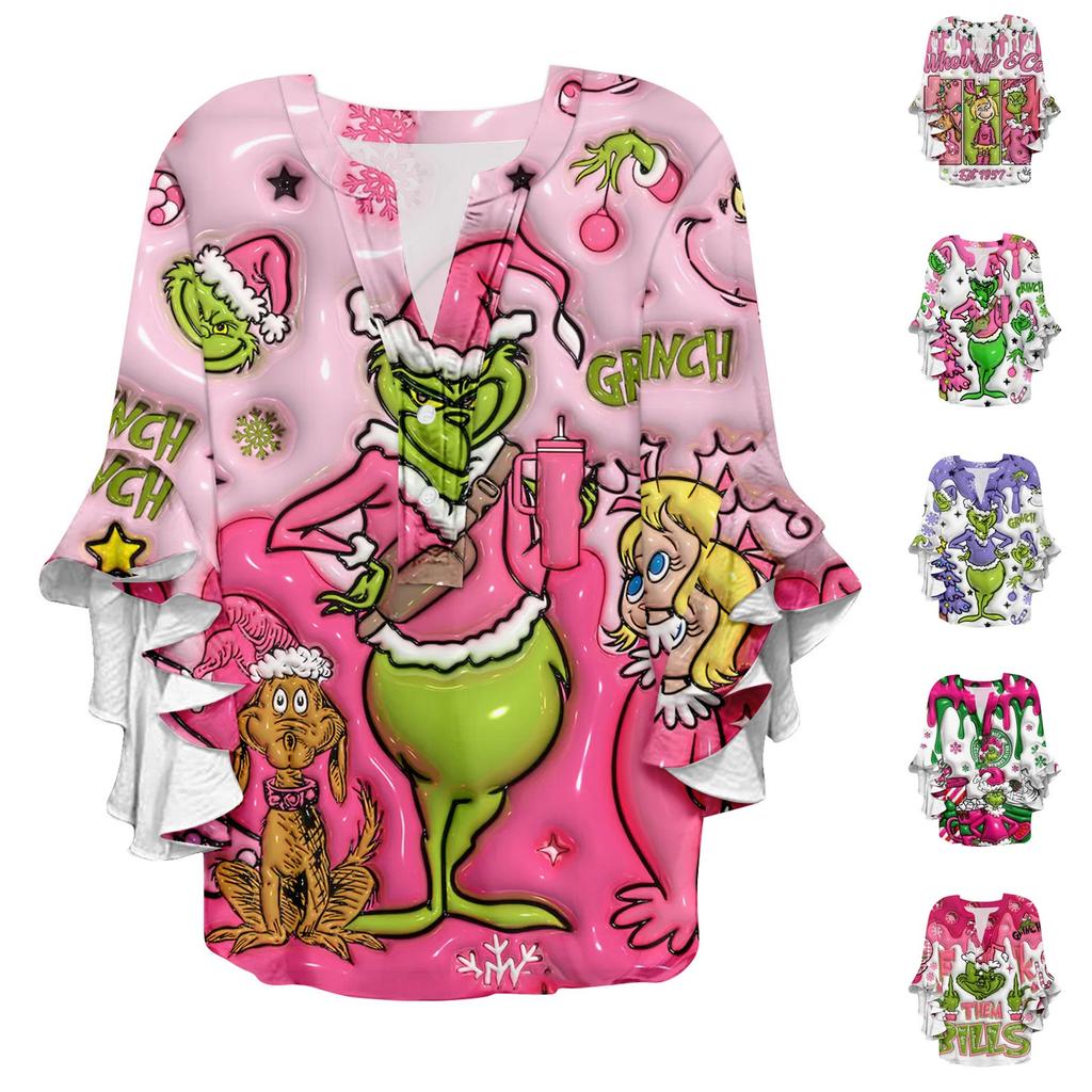 3/4 Sleeve Shirts For Women Cute Print Graphic Tees Blouses Casual Plus Size Basic Ruffled Sleeve Tops Pullover