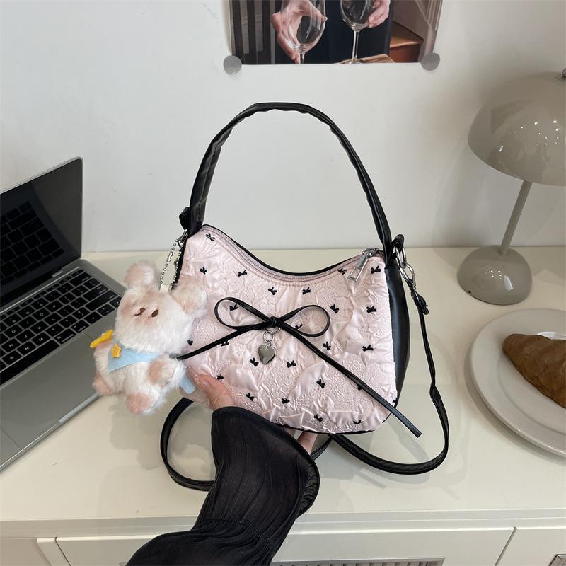 Cute Bowknot Print Shoulder Bag With Plush Pendant Crossbody Bag Handbag Girly Tote Commuter Bag Women Underarm Bag Gift
