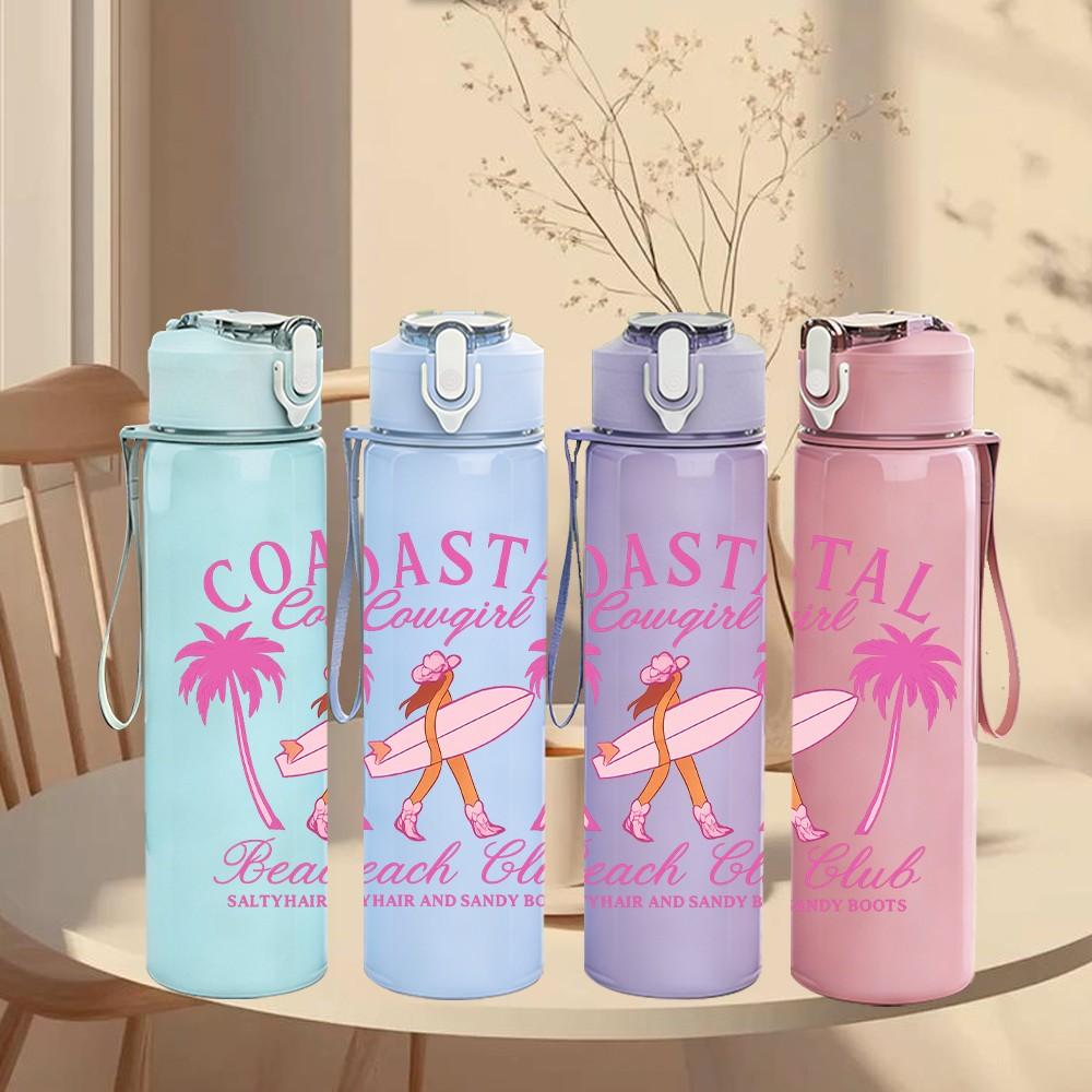 1PC Coastal Beach Club Surfer Print 750ml Color Plastic Sports Water Bottle Leakproof Flip Straw Lid Suitable for Sports Office Home Use