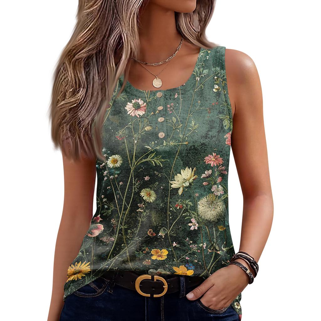 Women's Sleeveless Floral Print Tank Top U-Neck Button Detail Casual Summer Blouse Lightweight Comfortable Fit