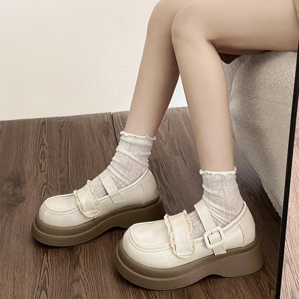 Spring Round-headed, White, College-style, Versatile, Thick-soled Small Leather Shoes, Women's Summer Retro French Mary Jane Shoes