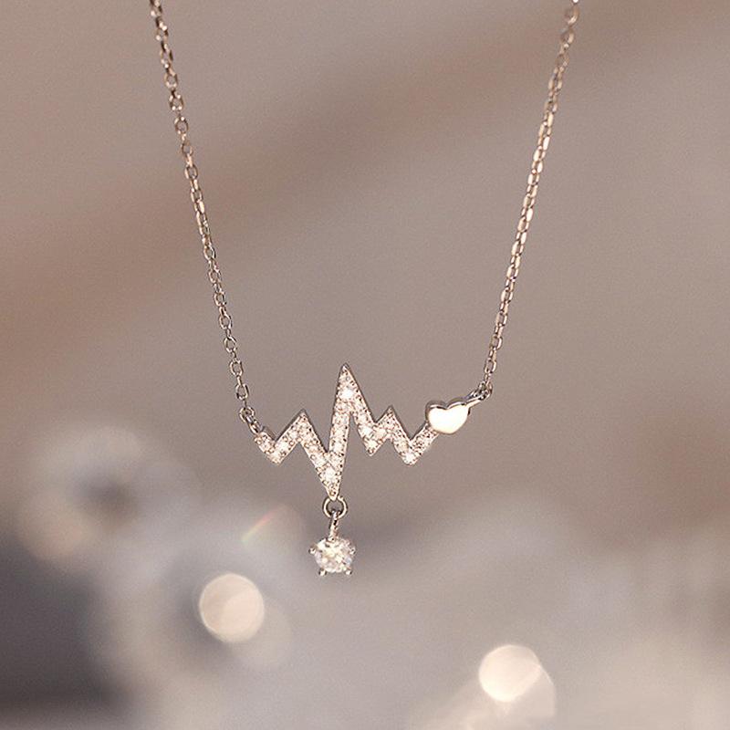Full Paved ECG Heartbeat with Drop Round Cubic Zirconia Pendant Minimalist Women Clavicle Necklace