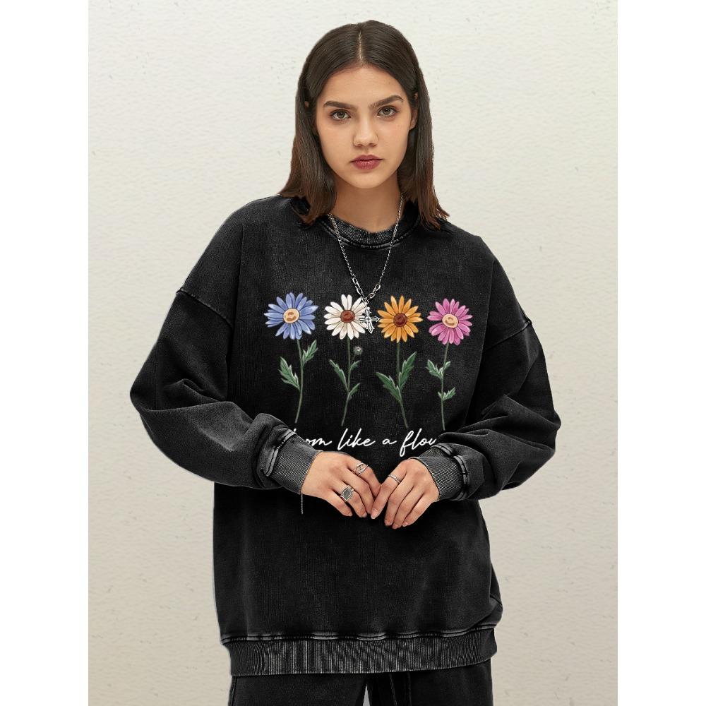 

Дизайн «Цвети как цветок» Женские выстиранные толстовки Хлопковая осенняя одежда Повседневная уличная одежда Свитшот с круглым вырезом Оверсайз Пуловер 2XL
