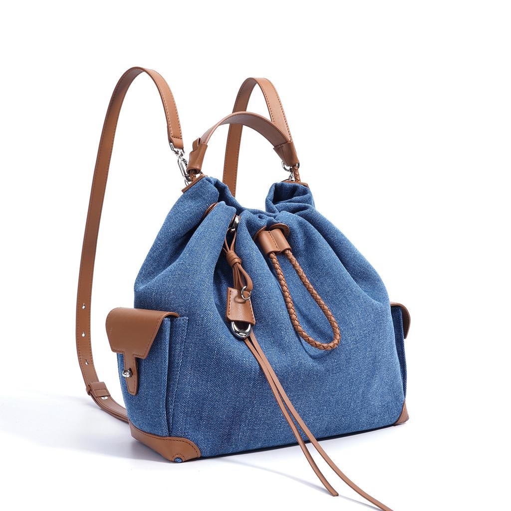 2025 Summer New Niche Design Backpack Retro Denim Drawstring Shoulder Bag Large Capacity Fashion Splicing Bag