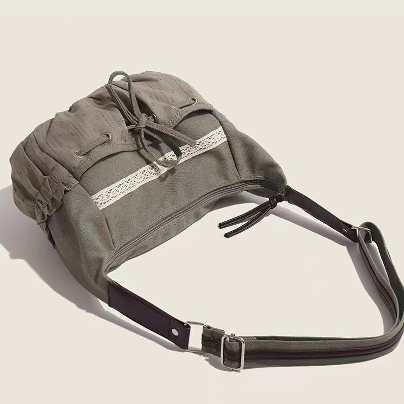 Sweet Cool Bow Canvas Shoulder Bags Women Vintage Drawstring Pocket Chic Casual Crossbody Bag Ladies Retro Messenger Bag Bolsos