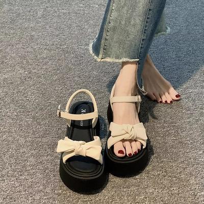 Small Fragrant Style Bow Platform Sandals Female Summer Wear Retro Fairy Style with Skirt Small Height Increase Roman Shoes