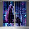 2pcs Cyberpunk Anime Girl Print Curtains Neon City Pattern Sci-Fi Style Polyester Window Drapes for Bedroom Living Room