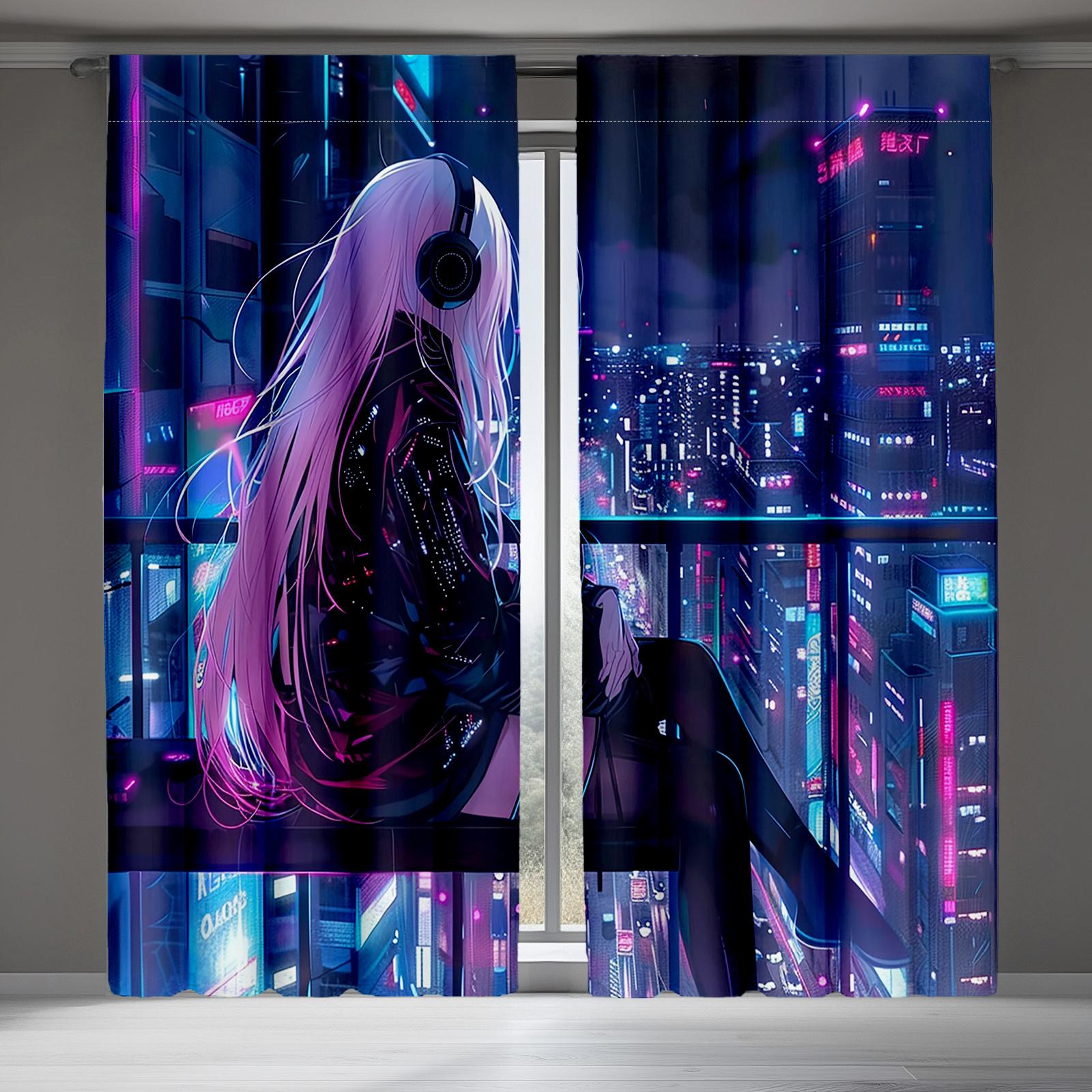 2pcs Cyberpunk Anime Girl Print Curtains Neon City Pattern Sci-Fi Style Polyester Window Drapes for Bedroom Living Room 60×150