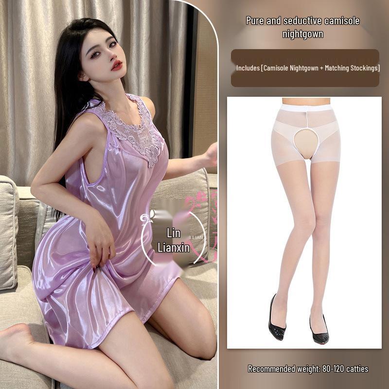 Cămașă de noapte Milian Mărimi Mari din Dantelă - Lenjerie de Noapte Coreeană fără Mâneci