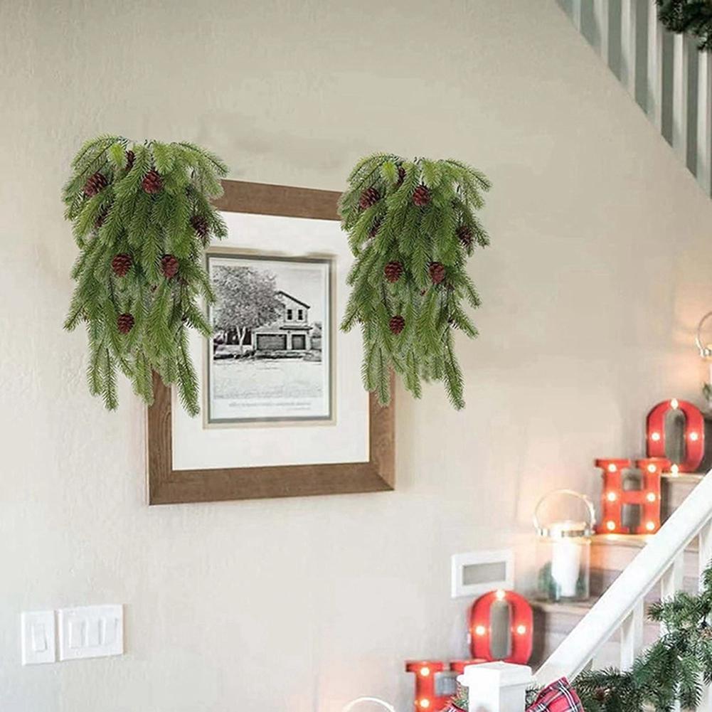2pcs Artificial Christmas Pine Needle Rattan Wall Hanging Fake Pine Cone Decoration