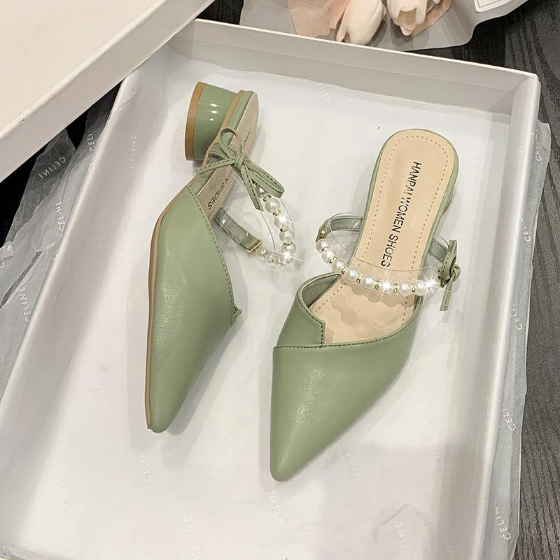 Baotou half slippers women's new summer wear pearl fashion thick heel small size sandals