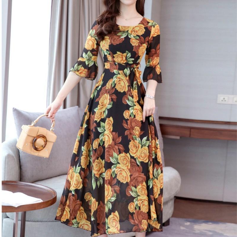 Summer Print Large Size Dress Long Paragraph Fashion Slim Big Swing Beach Skirt Female