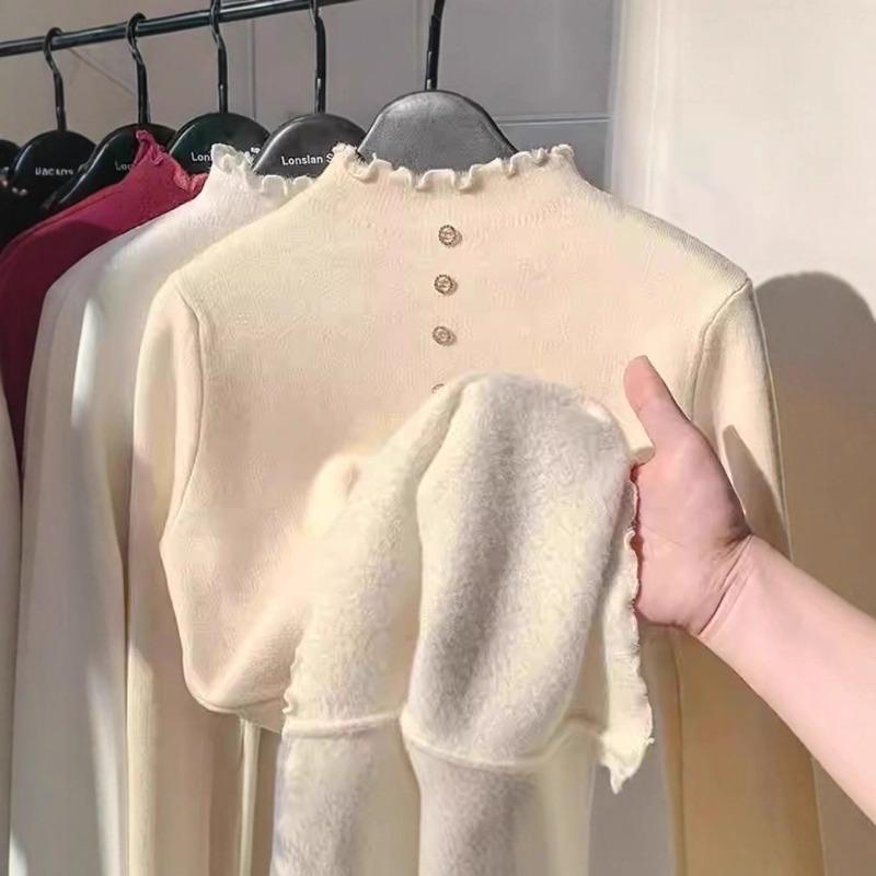 Fleece Sweater Women's Thick Fungus Edge Integrated Fleece Knitted Bottoming Shirt with Autumn and Winter Semi-turtleneck Thermal Top