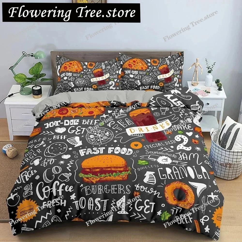 Snack Duvet Cover Set Coffee Bread Donut Pattern Pink Polyester Comforter Cover For Kids Adult Teen Bedding Set Queen King Size