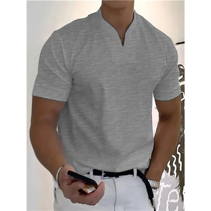 Men V‑Neck Short Sleeve T‑Shirt Elastic Slim Fit Henley Tee Solid Color Breathable Casual Tops For Fitness Sports Daily Summer Street Wear