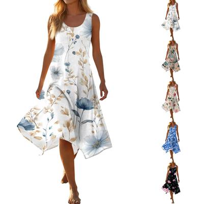 Women Casual Sleeveless Floral Print Dress V Neck Irregular Hem Mid Length Summer Dress Lightweight Loose Fit Beach Dress