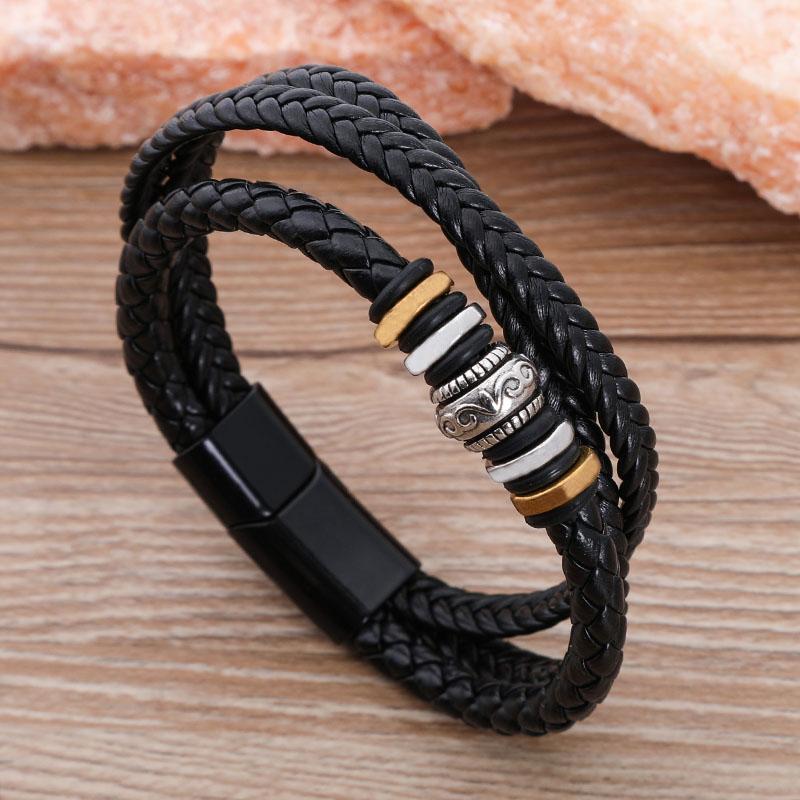 Multilayer Woven Leather Stackable Cuff Bangle New Gothic Men's Bracelets Vintage Totem Viking Charm Leather Bracelets for Man