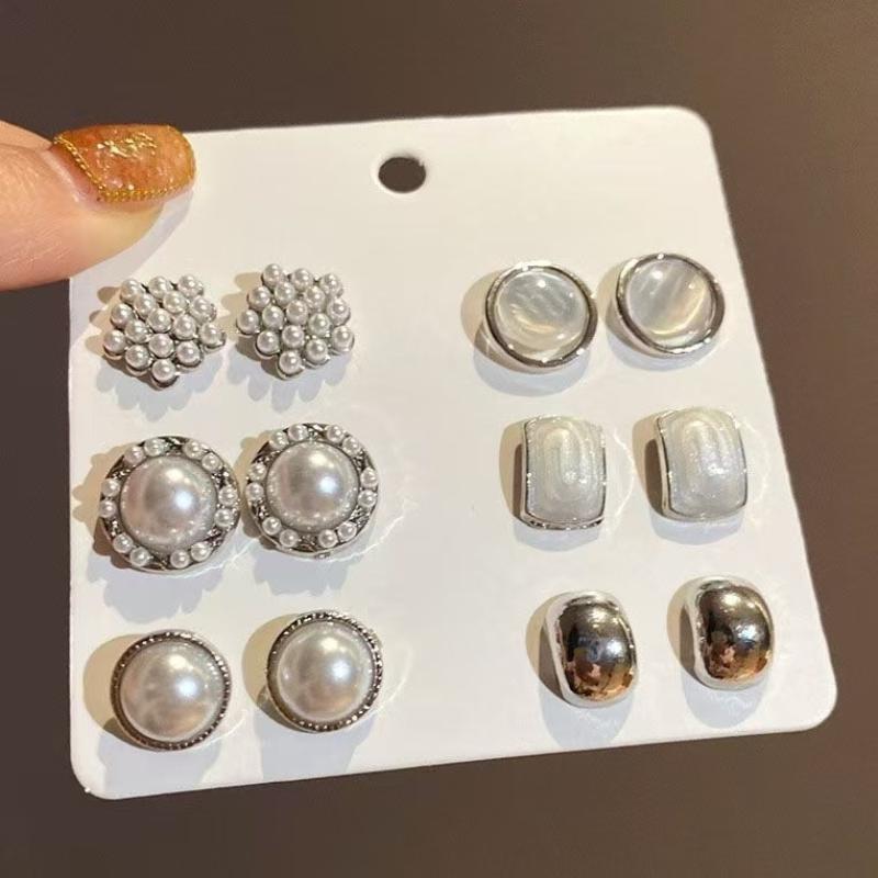 6Pairs/Set Elegant Temperament Imitation Pearl Round Square Earrings Women Daily Wear Holiday Accessories Gifts