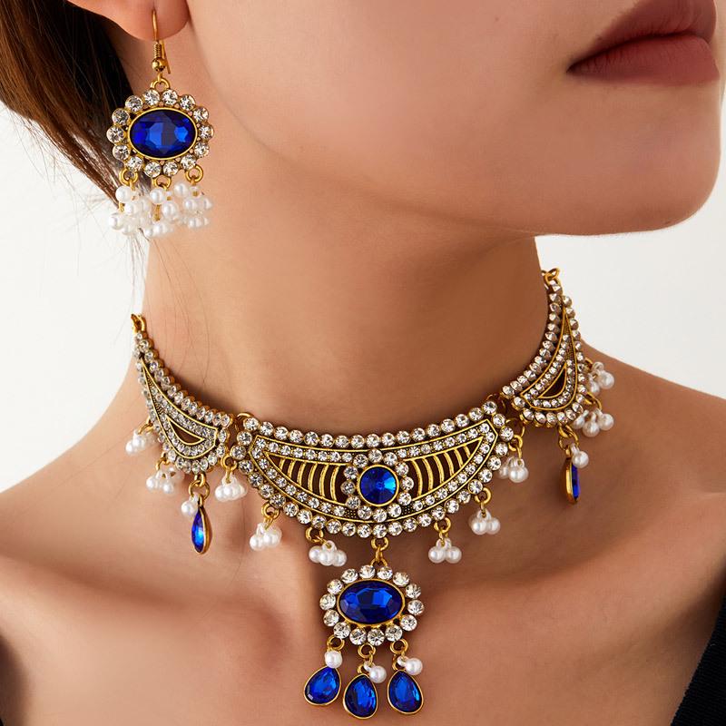 Fashionable Gemstone Tassel Pendant Necklace & Earring Set for Ladies