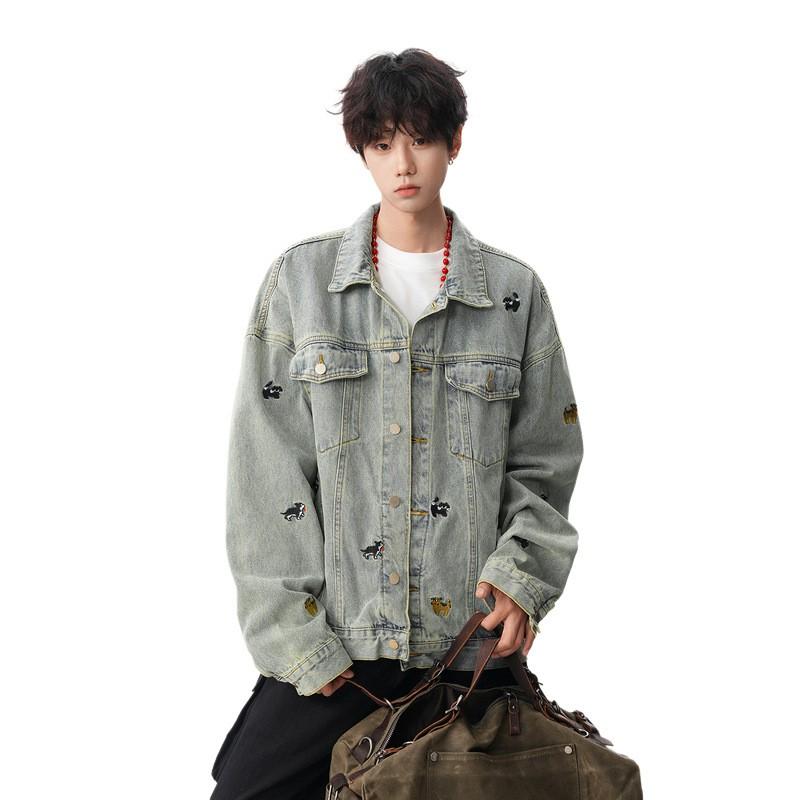 Unisex Oversized Denim Jacket With Embroidered Cartoon Dog Streetwear 2026 Casual Outerwear