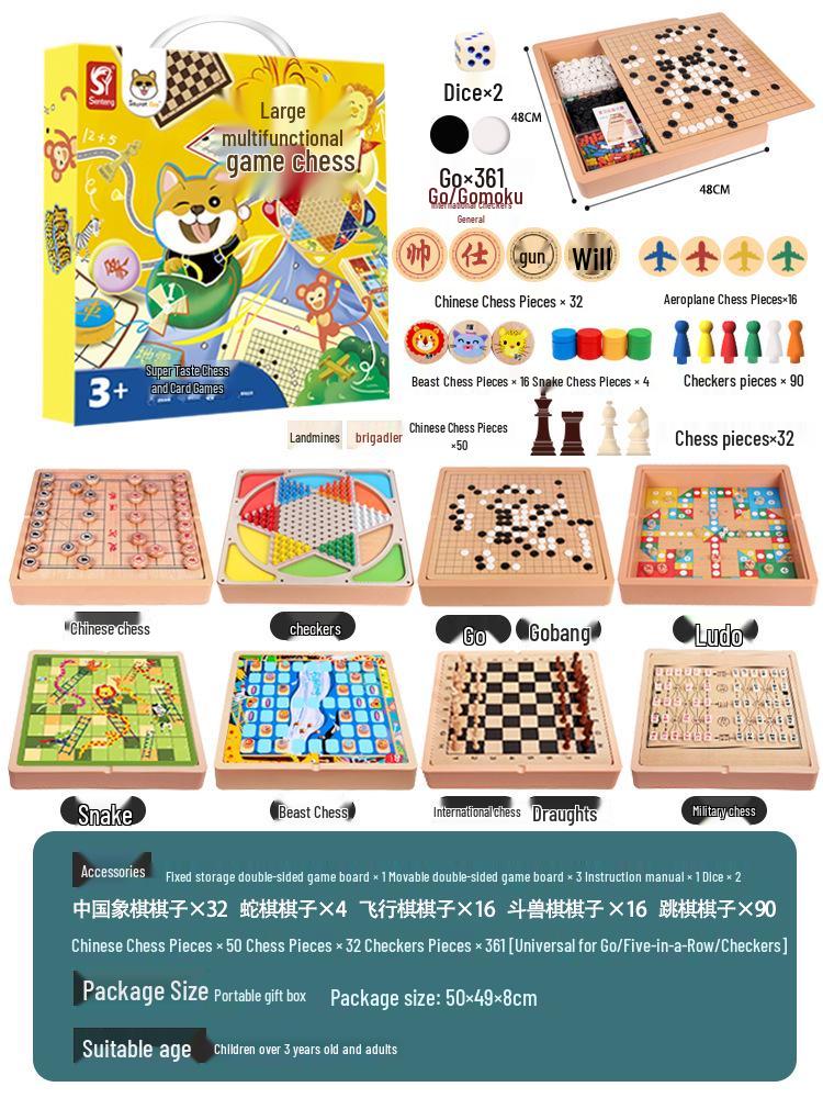 Educational Multifunctional Wooden Board Game Set: Go, Five-in-a-Row, Checkers, and Ludo for Kids