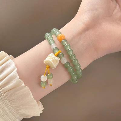 New Chinese-style Lion Dance Pendant Emerald Green Double-layer Stacked Elastic Beaded Bracelet for Men Women Charm Jewelry Gift