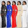 European & American Fashion Mesh Hot Drilling See-through Long Sleeve Long Dress Two-piece Set for Women