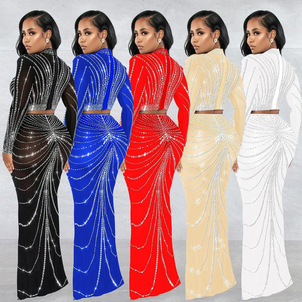 European & American Fashion Mesh Hot Drilling See-through Long Sleeve Long Dress Two-piece Set for Women