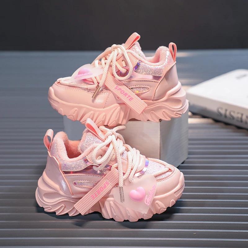 PU 2024 Winter New Sport Shoes for Kids Girls Cute Princess Non-slip Light Children Fashion Casual Sneakers Solid Color Shiny