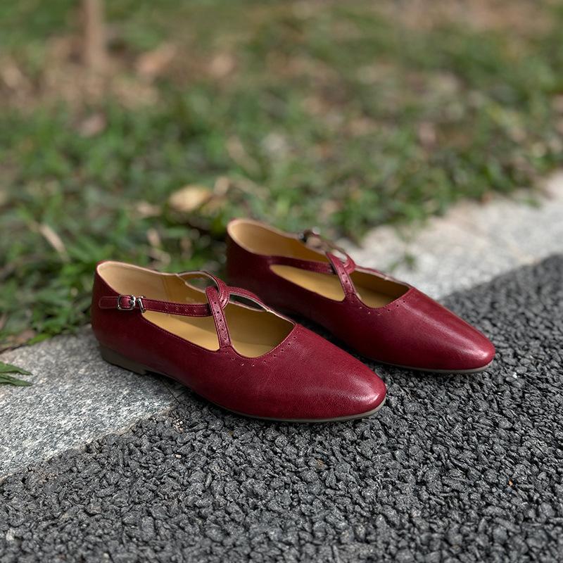 Johnature Cross Belt Mary Jane Shoes Genuine Leather Flats Round Toe Soft Soled Women's Shoes
