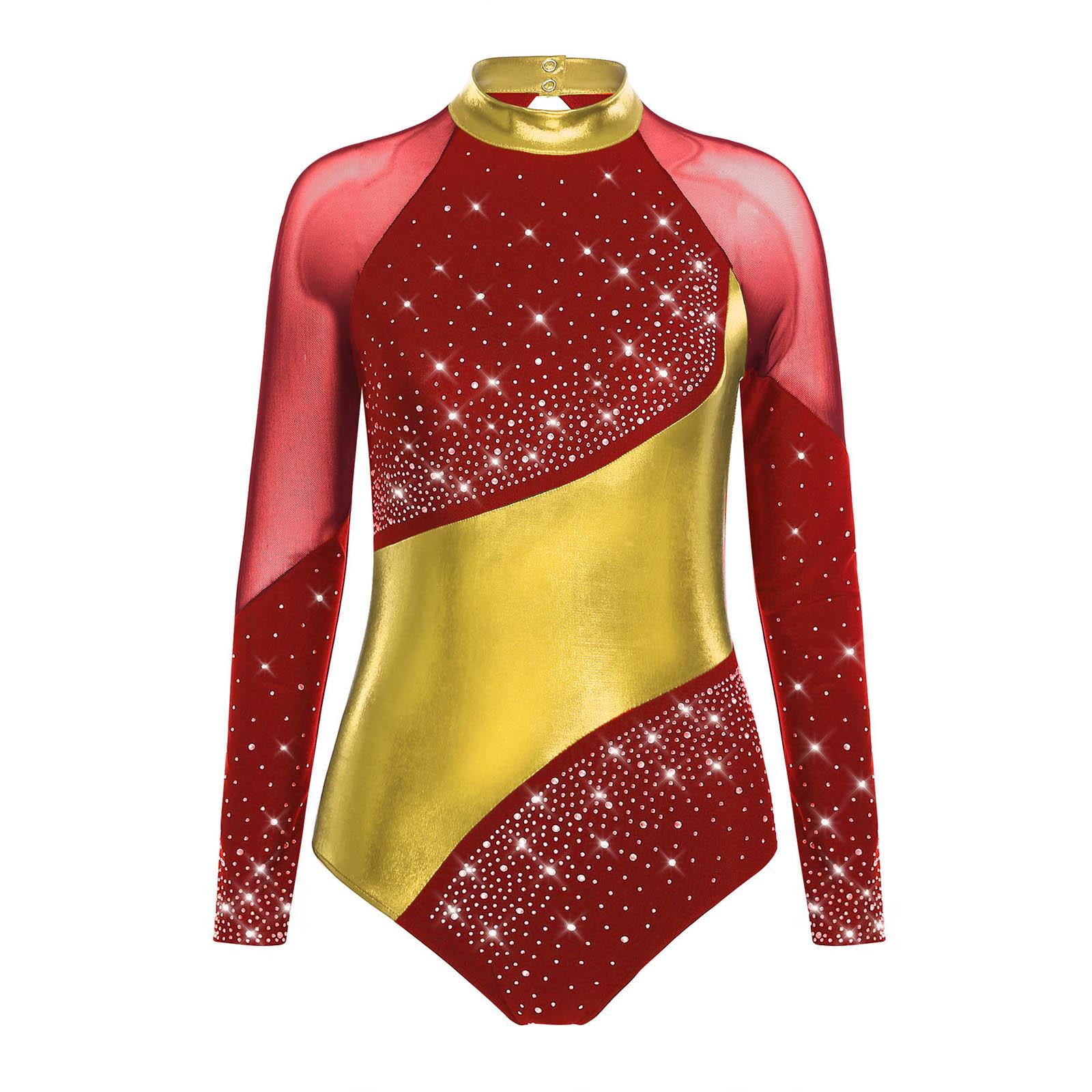 Sywiyi Dames Performance Turnpakje - Metallic Kleurblok met Keyhole Rug, Mock Neck & Lange Mouw voor Gymnastiek S bordeaux/goud