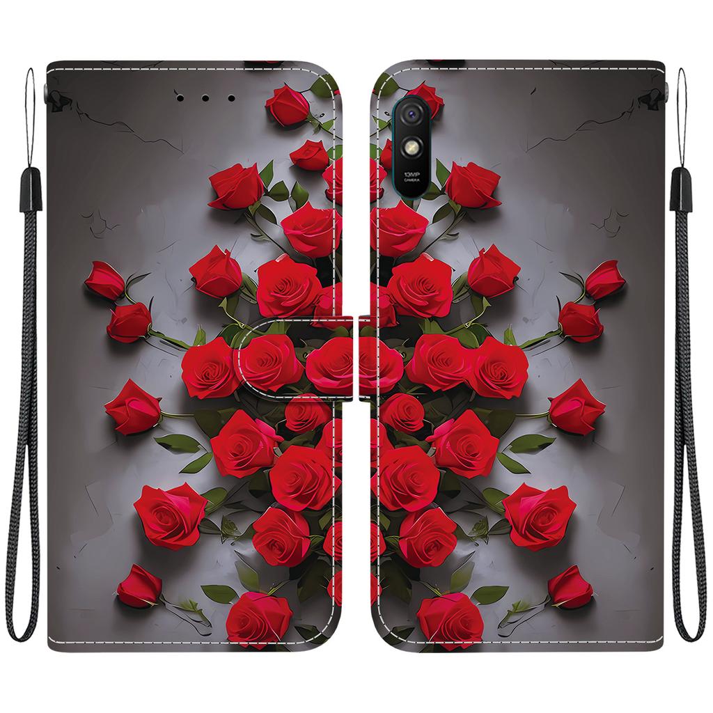 Handgefertigte PU-Leder-Klapphülle für Redmi 9A Rutschfeste stoßfeste Hülle mit Handschlaufe & Herz-/Rosen-/Katzen-Designs