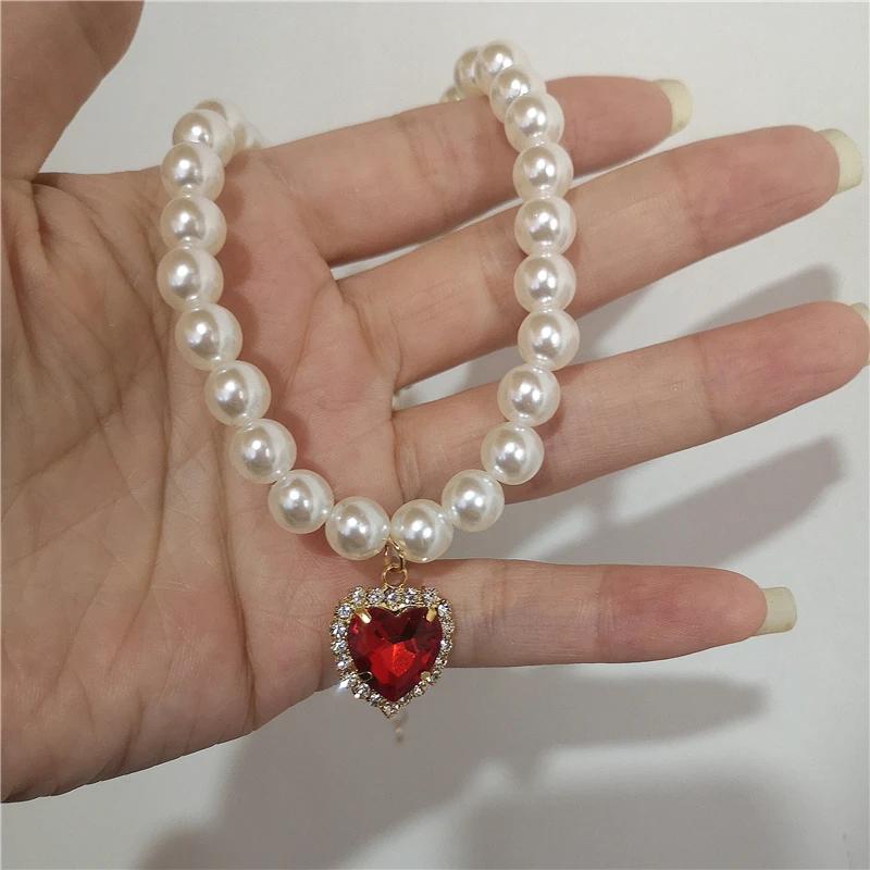 

A vintage red heart pendant zircon pearl necklace necklace for women s party aesthetic jewelry Christmas gift A