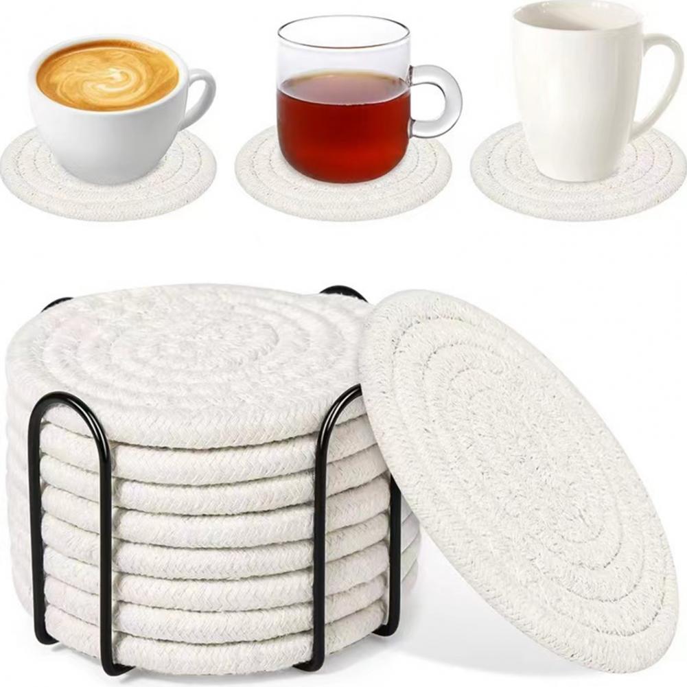 Minimalist Drink Coasters Natural Materials Coasters Absorbent Cotton Woven Coasters Set with Holder for Drinks Minimalist Home