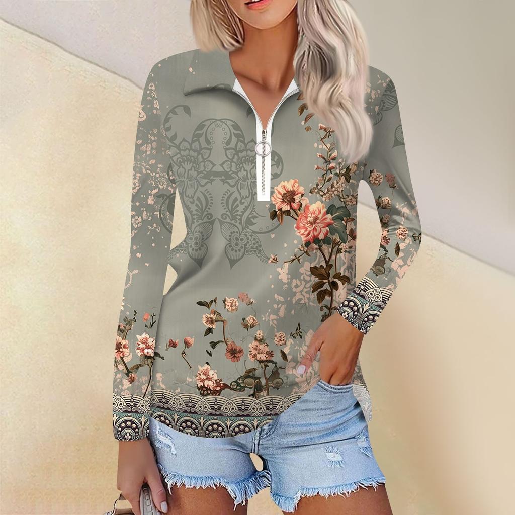 Damska Wiosenna I Modna Codzienna Koszula z Nadrukiem Zapinana na Zamek Dekolt w Serek Długi Rękaw