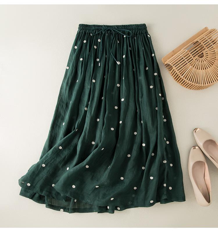 2025 Spring/Summer Women's Cotton Linen Polka Dot Pleated Midi Skirt with Elastic Waist