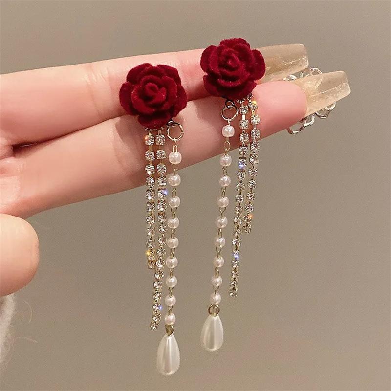 Wine Red Flocking Bow Pearl Tassel Earrings For Women Elegant Trending Luxury Red Rose Flower Long Tassel Earrings Jewelry Gifts