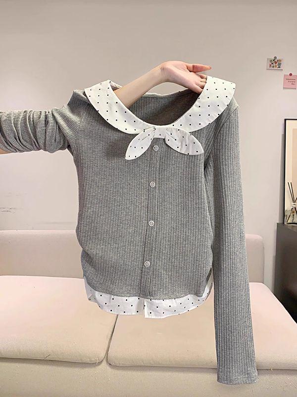 Autumn Winter Slim Spicy Girl Miu Style Gray Polka Dot U-Neck Long Sleeve Two-Piece Look T-Shirt