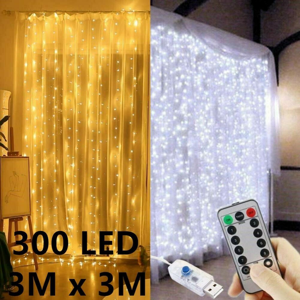 300 LED Curtain Lights String 3M*3M USB Powered Waterproof Twinkle Wall Lights