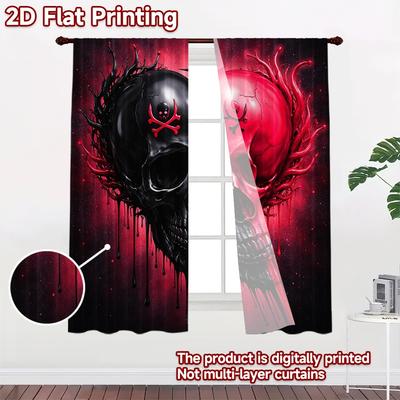 2D FLAT PRINTING 2pcs Curta (Without Rod) Halloween Dual Skull Modern Minimalist Curta Versatile Fabric Curta Easter