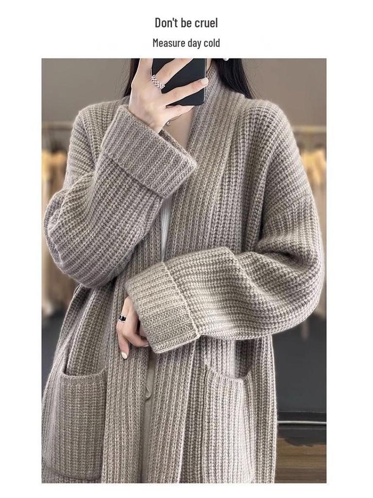 Korean Style Chunky Knit Plus Size Loose Cardigan - Autumn/Winter Women's Trendy Mid-Length Sweater Coat