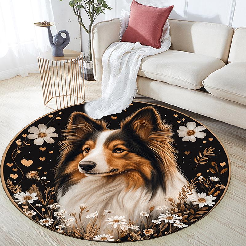 Collie Dog Round Area Rug,Carpet Rug for Living Room Bedroom Sofa Playroom Decor,Non-slip Floor Mat
