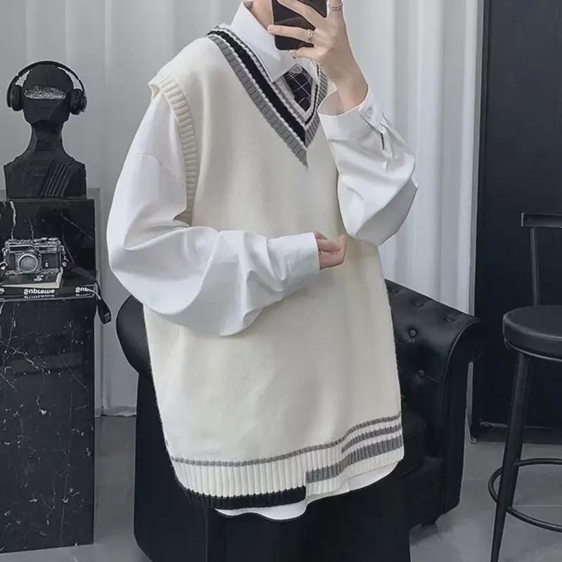 College-Style Knitted Wool Vest - Men's Autumn/Winter Casual Fashion Sweater