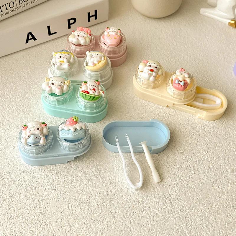 Candy Color Contact Lens Case Cute Cartoon Cat Eye Contacts Beauty Pupil Storage Box with Tweezer Suction Stick Set Girls Gift