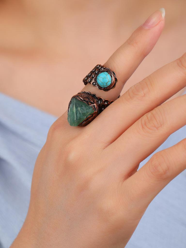 Retro Green Fluorite Handmade Adjustable Snake Ring in Electroplated Antique Bronze