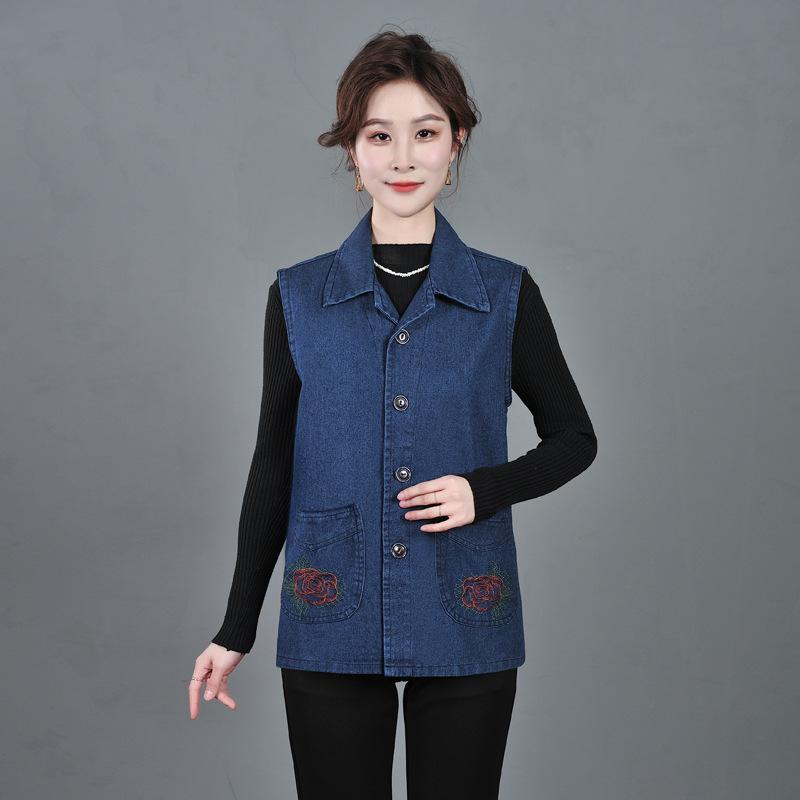 Spring and Autumn Denim Vest Women's Dark Blue Middle-aged Mother Vest Vest Large Size