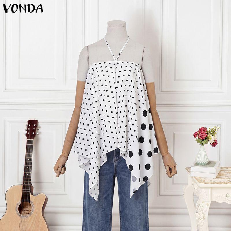 VONDA Summer Women Halter Neck Sleeveless Polka Dots Beach Holiday Tank Tops M белый