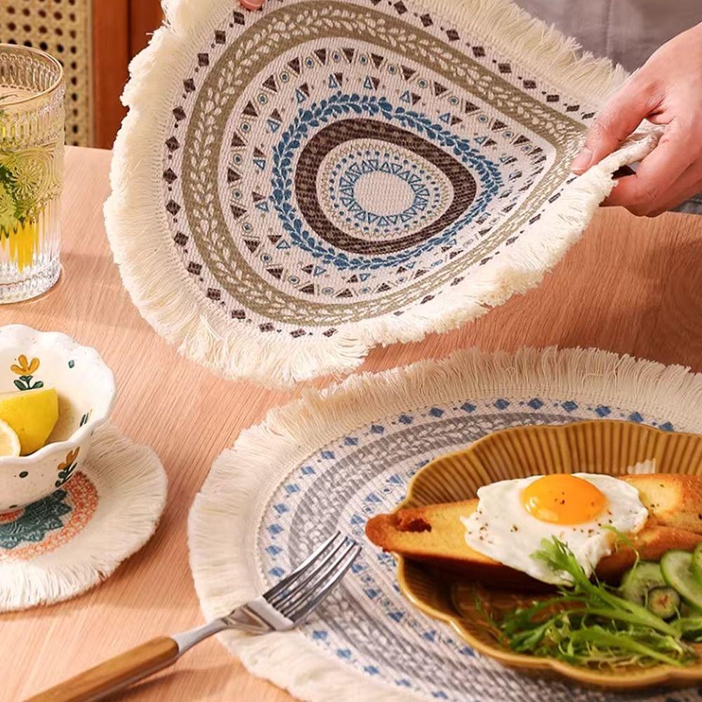 Natural Heat Resistant Bohemian Placemat Non-Slip Weave Braided Table Mat Jute Tassel Woven Mat Kitchen Table