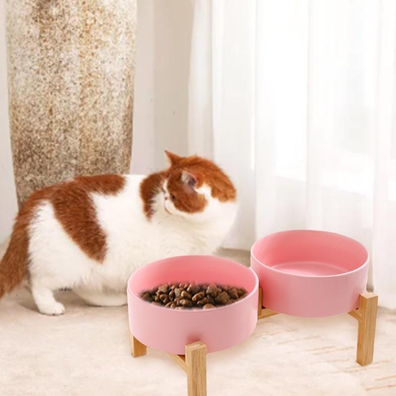 Antypoślizgowy Ceramiczny Zestaw Miseczek dla Zwierząt Podwyższony Drewniany Zestaw Podwójnych Misek Duża Pojemność Akcesoria do Karmienia Psów Kotów